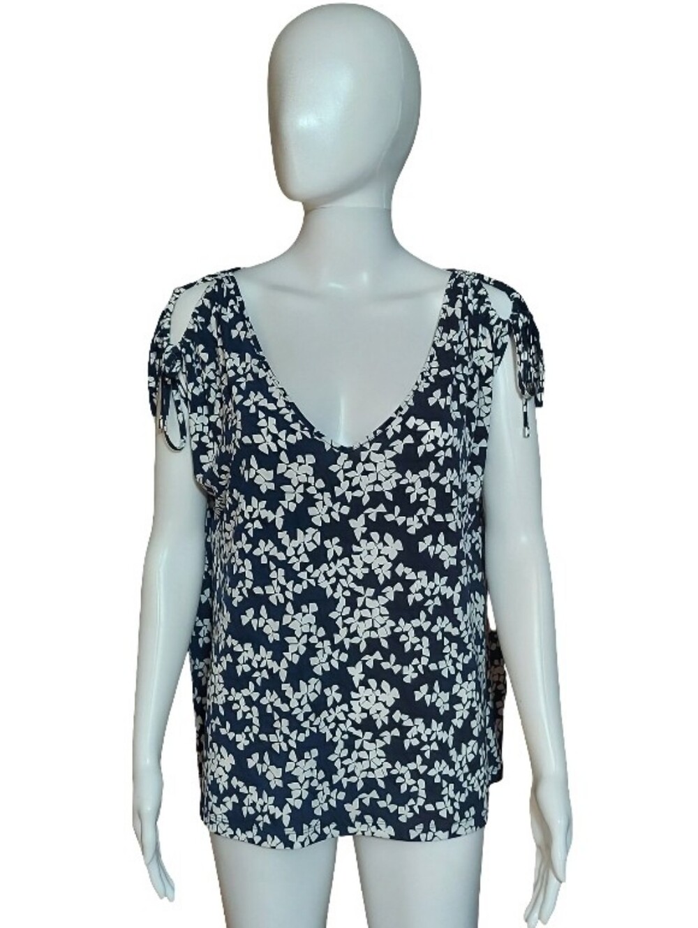 Ivanka Trump Abstract Floral Tie Cap Cold Shoulder V Neck Top